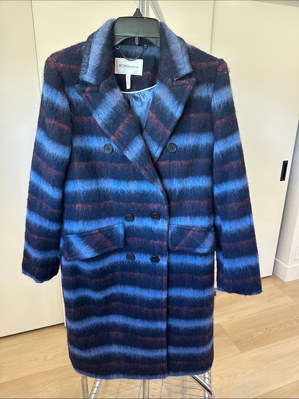 BCBGMaxAzria Blue and Navy Striped Double-Breasted Pea Coat